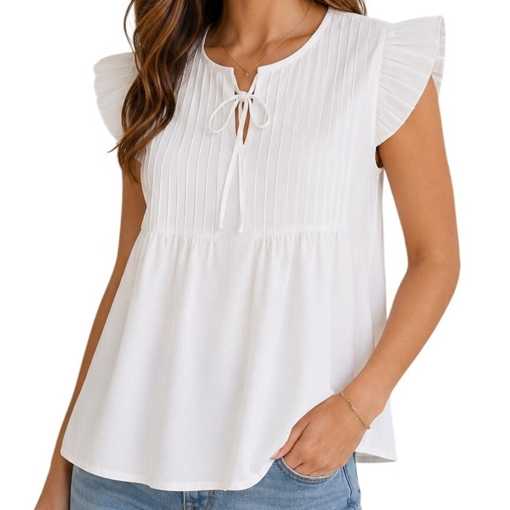 BTFBM White Pleated Flutter Sleeve Babydoll Blouse Women's XXL